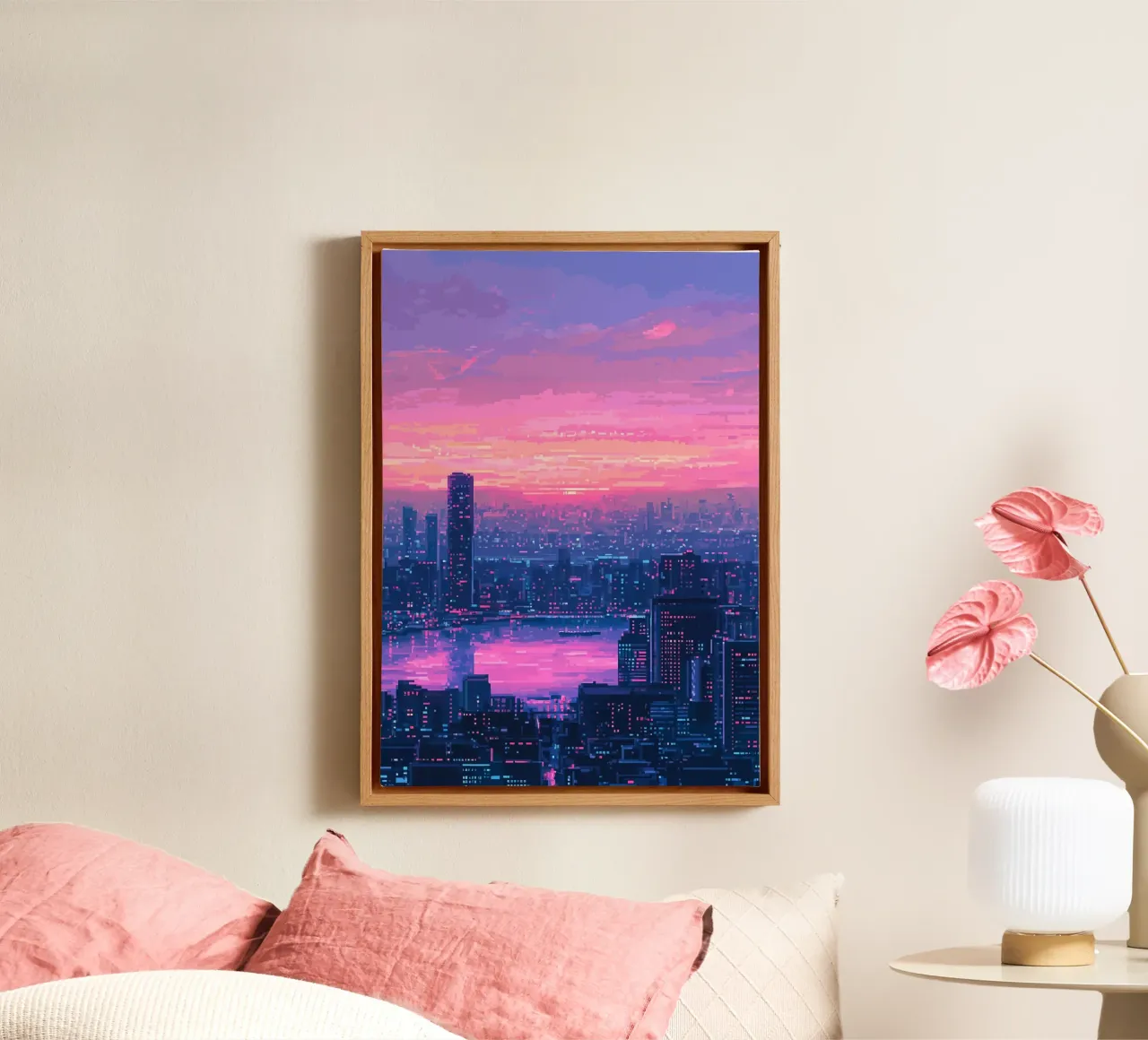Stadsgezicht Zonsondergang Pixel Kunst canvas met Baklijst van Dreamyart