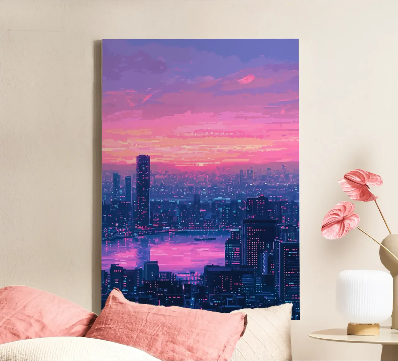 Stadsgezicht Zonsondergang Pixel Kunst canvas met Baklijst van Dreamyart