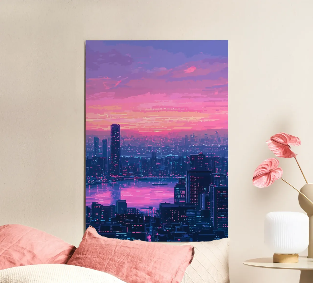 Paesaggio urbano al tramonto Pixel Art poster con telaio in alluminio da Dreamyart