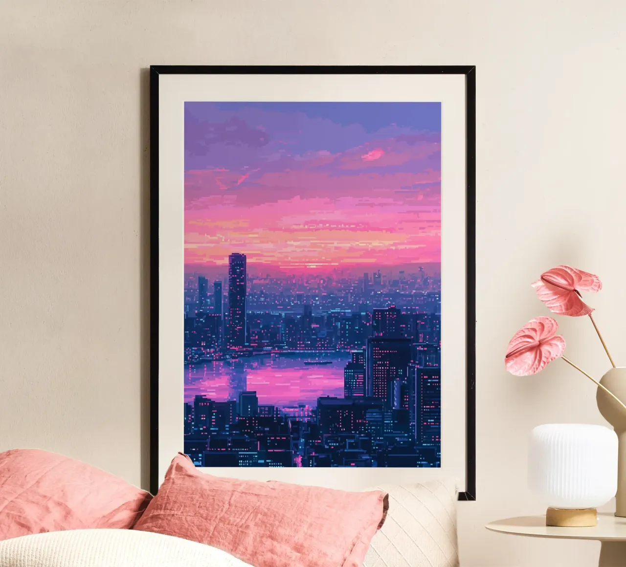 Paesaggio urbano al tramonto Pixel Art poster con telaio in alluminio da Dreamyart