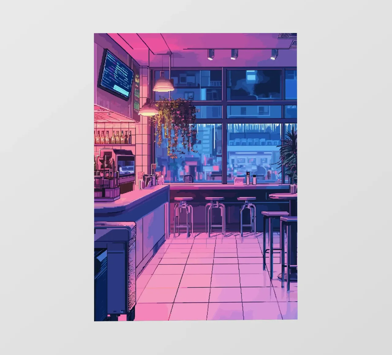 Interno di un bar vuoto con vista sulla città di notte pellicola backlit da Dreamyart