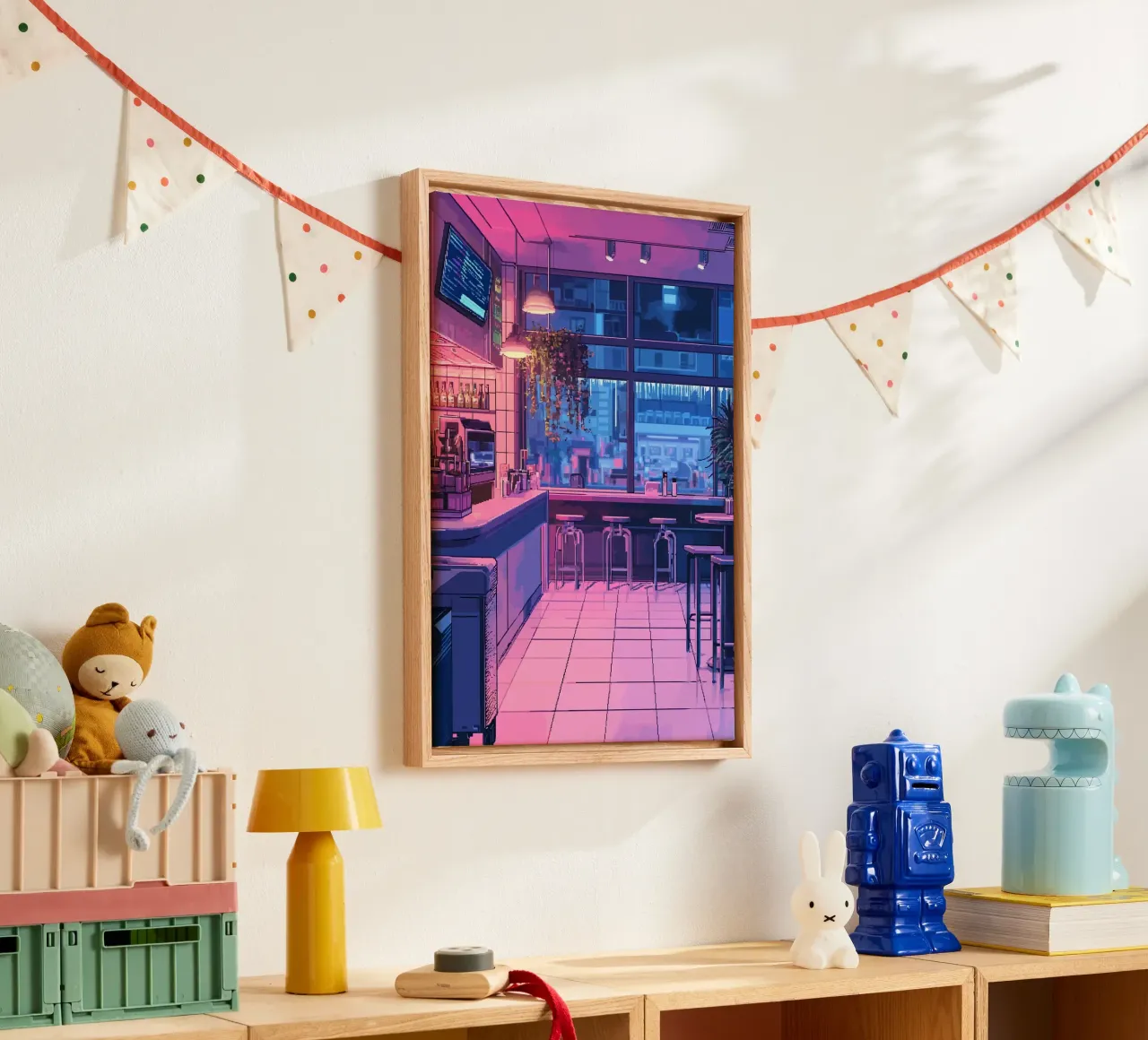 Interno di un bar vuoto con vista sulla città di notte tela con Cornice a cassetta da Dreamyart