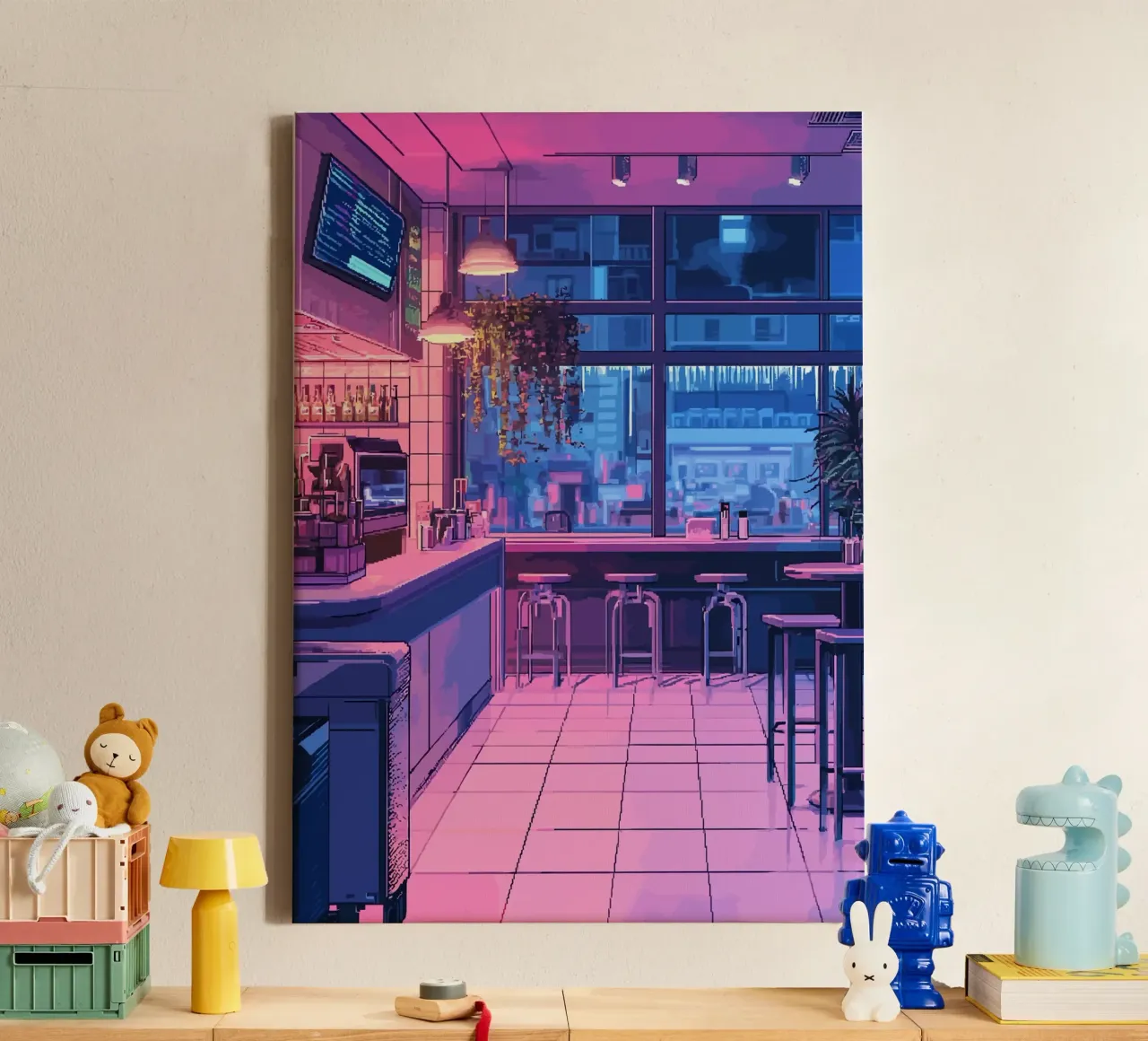 Interno di un bar vuoto con vista sulla città di notte tela con Cornice a cassetta da Dreamyart