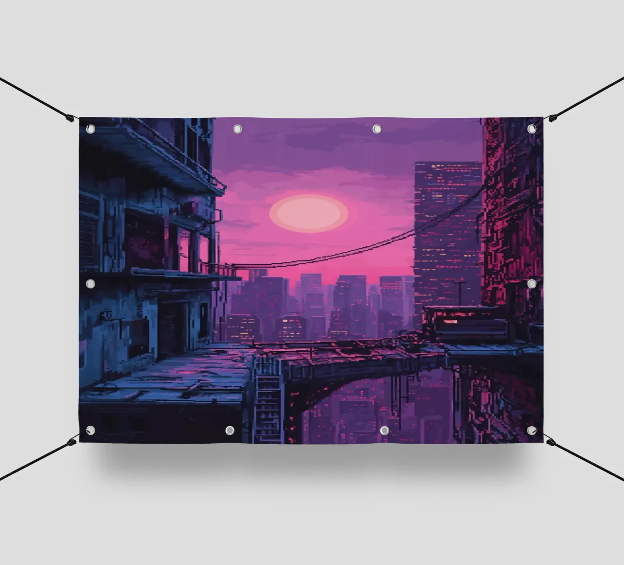 Paesaggio urbano in pixel art con tramonto ed edifici telo in pvc da Dreamyart