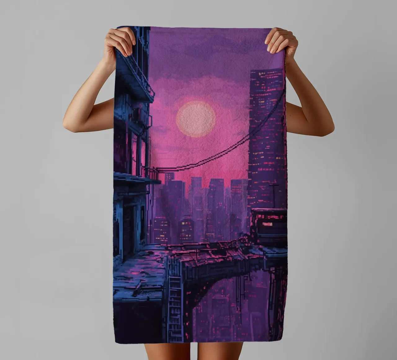 Paesaggio urbano in pixel art con tramonto ed edifici asciugamano da bagno da Dreamyart