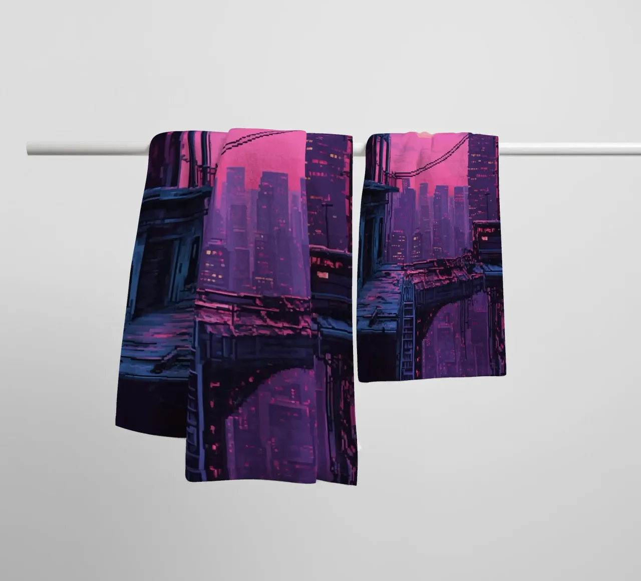 Paesaggio urbano in pixel art con tramonto ed edifici asciugamano da bagno da Dreamyart