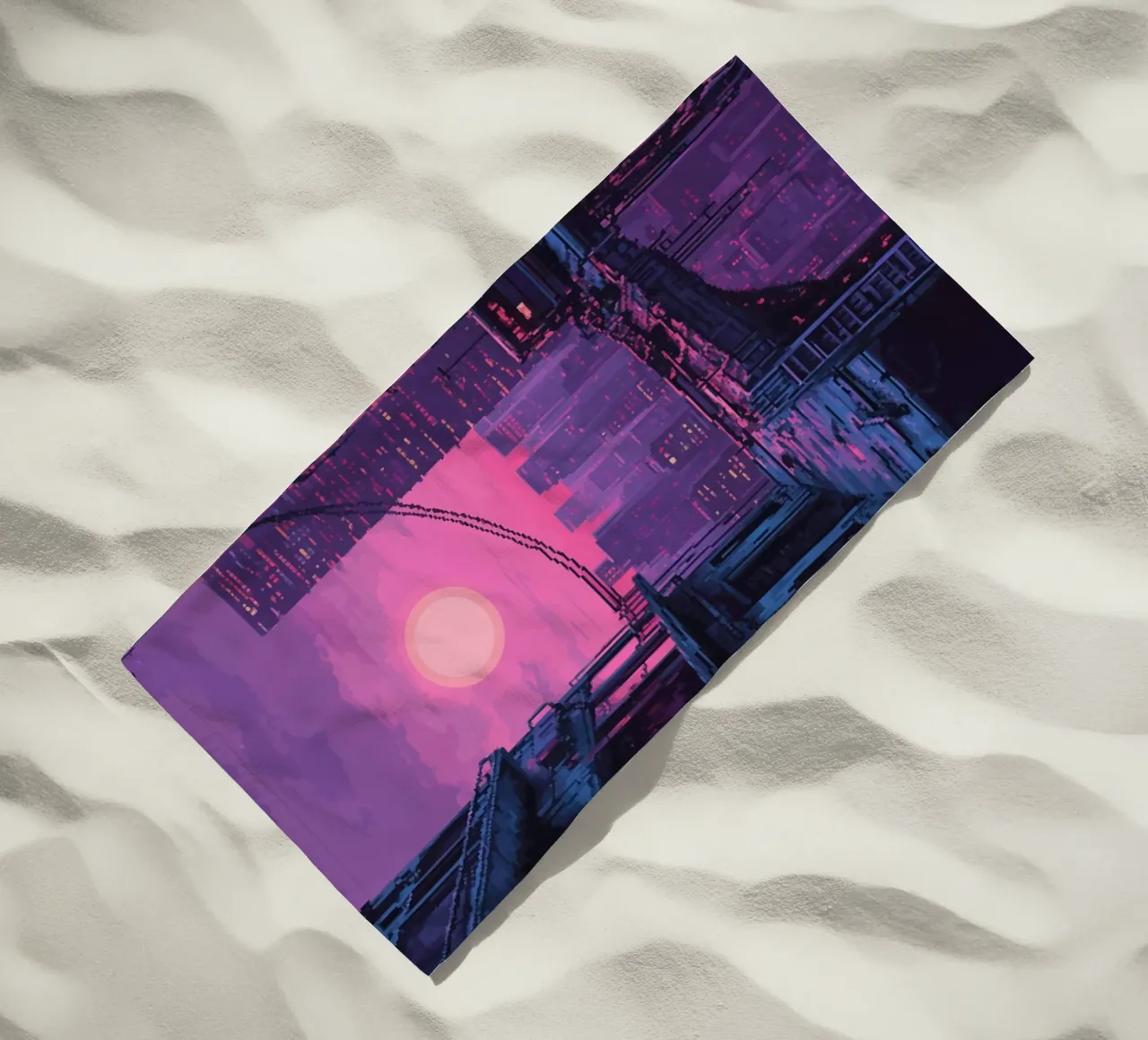 Paesaggio urbano in pixel art con tramonto ed edifici telo mare da Dreamyart