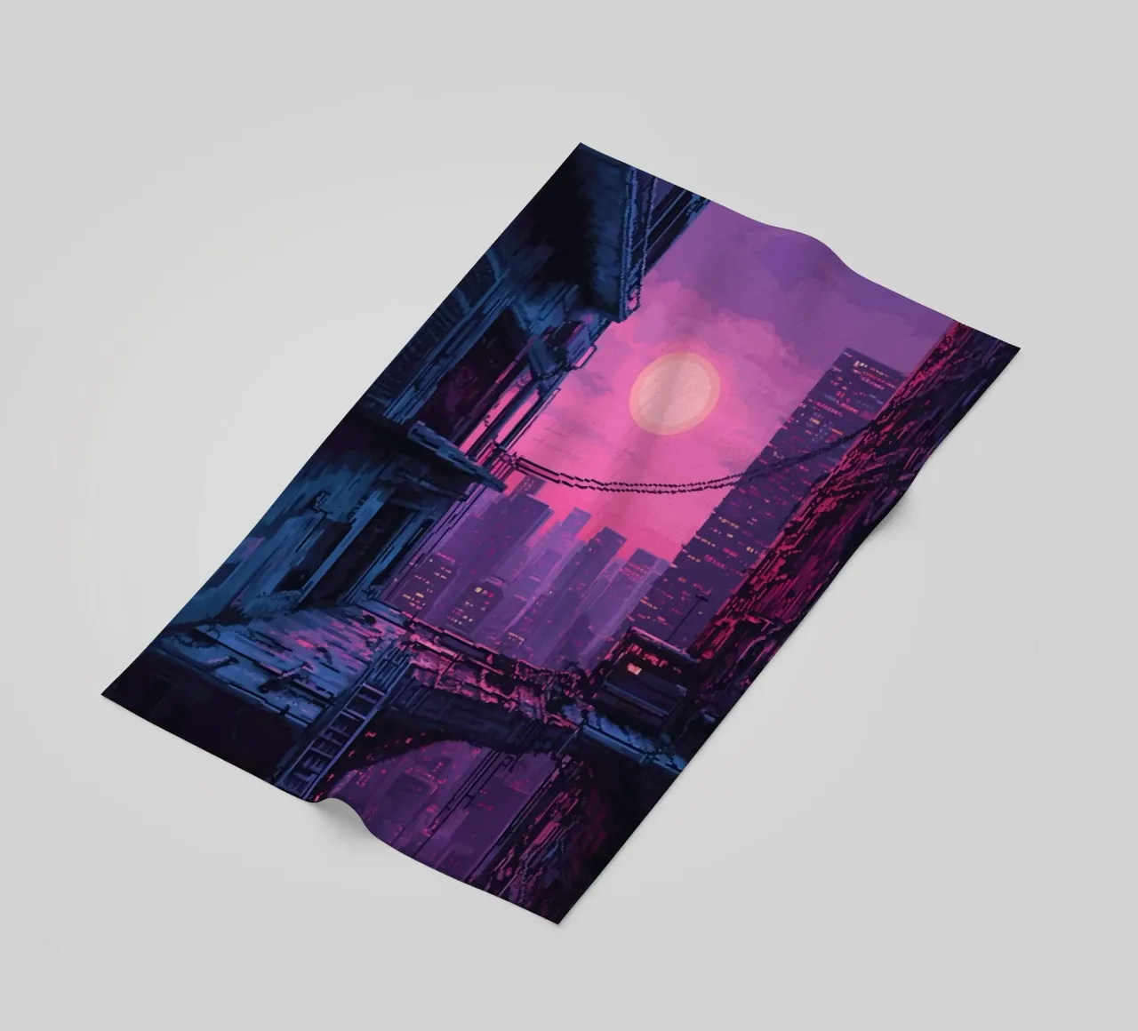 Paesaggio urbano in pixel art con tramonto ed edifici telo mare da Dreamyart