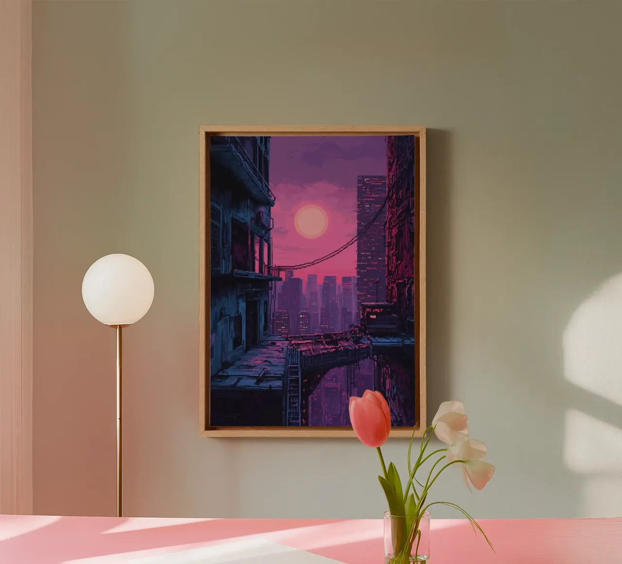 Pixel Art Stadsgezicht met zonsondergang en gebouwen canvas met Baklijst van Dreamyart