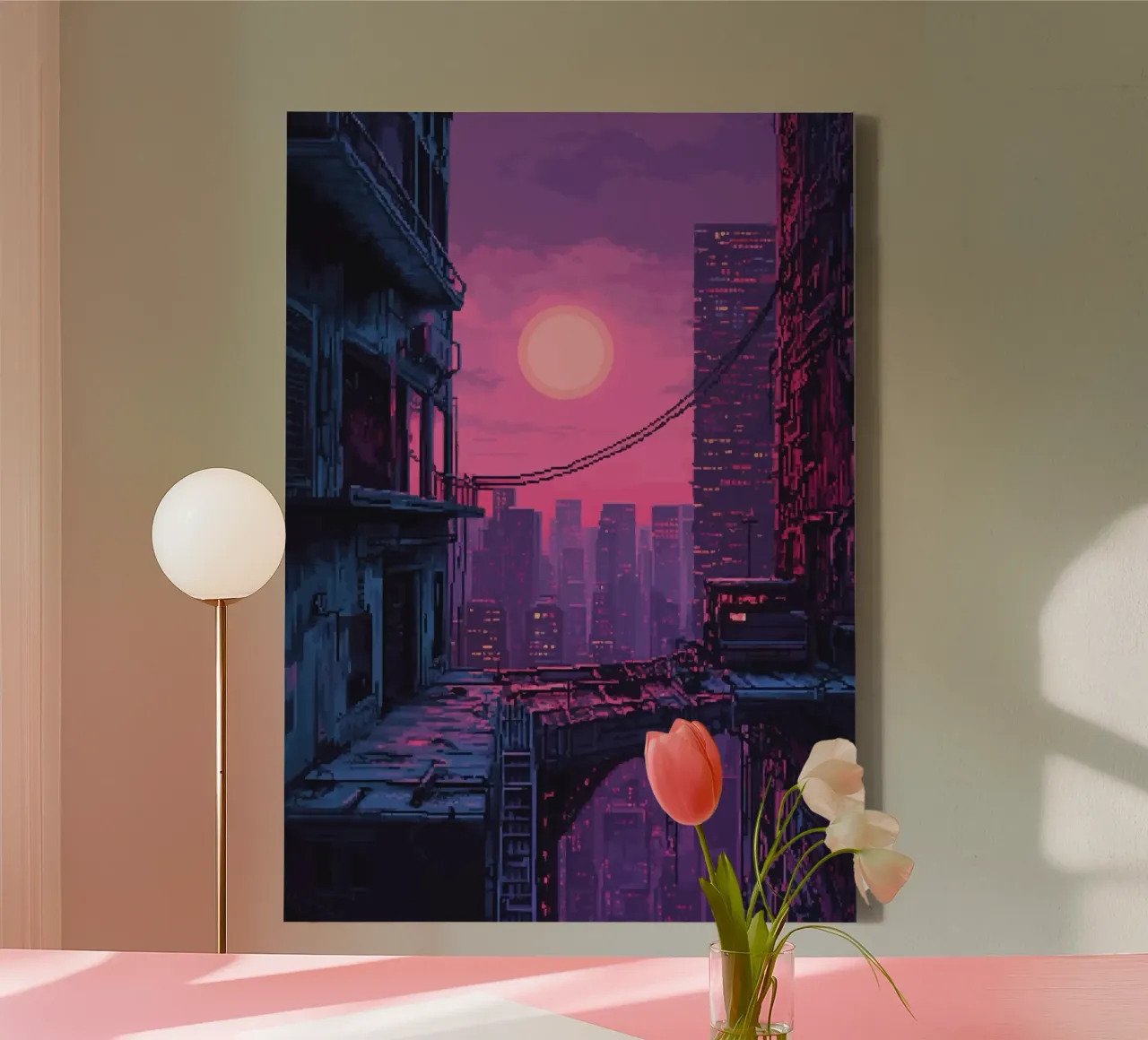 Pixel Art Stadsgezicht met zonsondergang en gebouwen canvas met Baklijst van Dreamyart