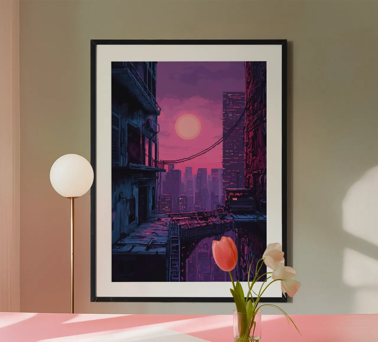 Paesaggio urbano in pixel art con tramonto ed edifici carta hahnemühle da Dreamyart