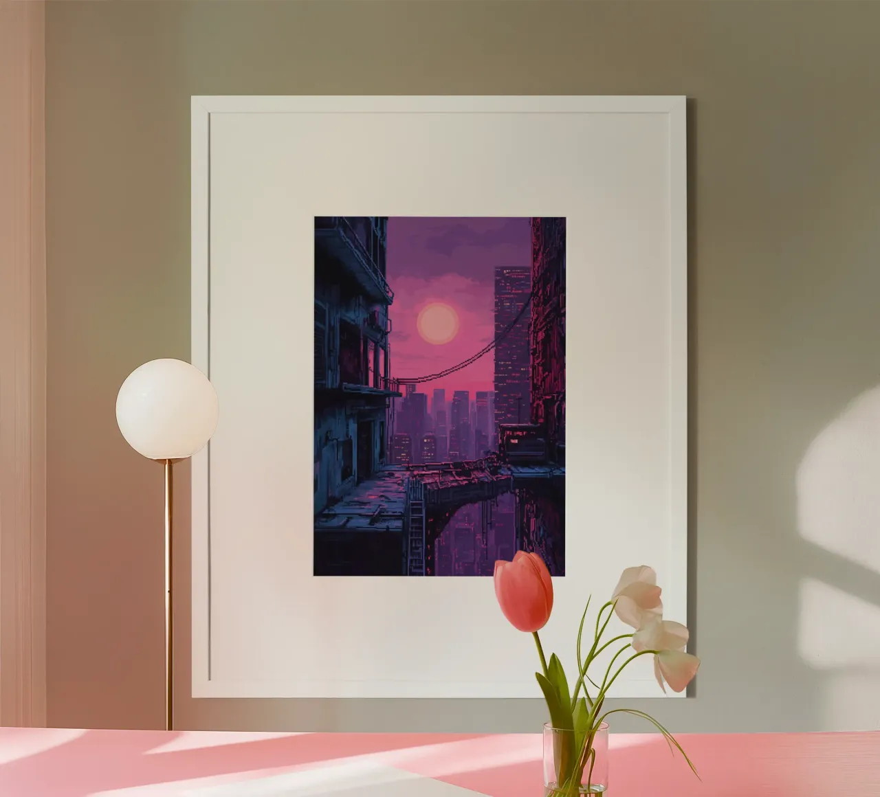 Paesaggio urbano in pixel art con tramonto ed edifici carta hahnemühle da Dreamyart