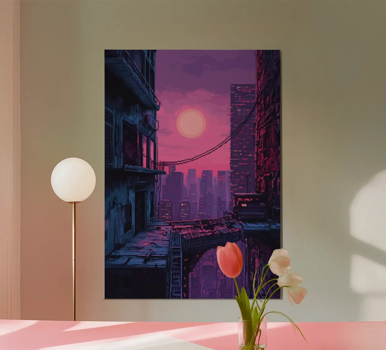 Paesaggio urbano in pixel art con tramonto ed edifici carta hahnemühle da Dreamyart