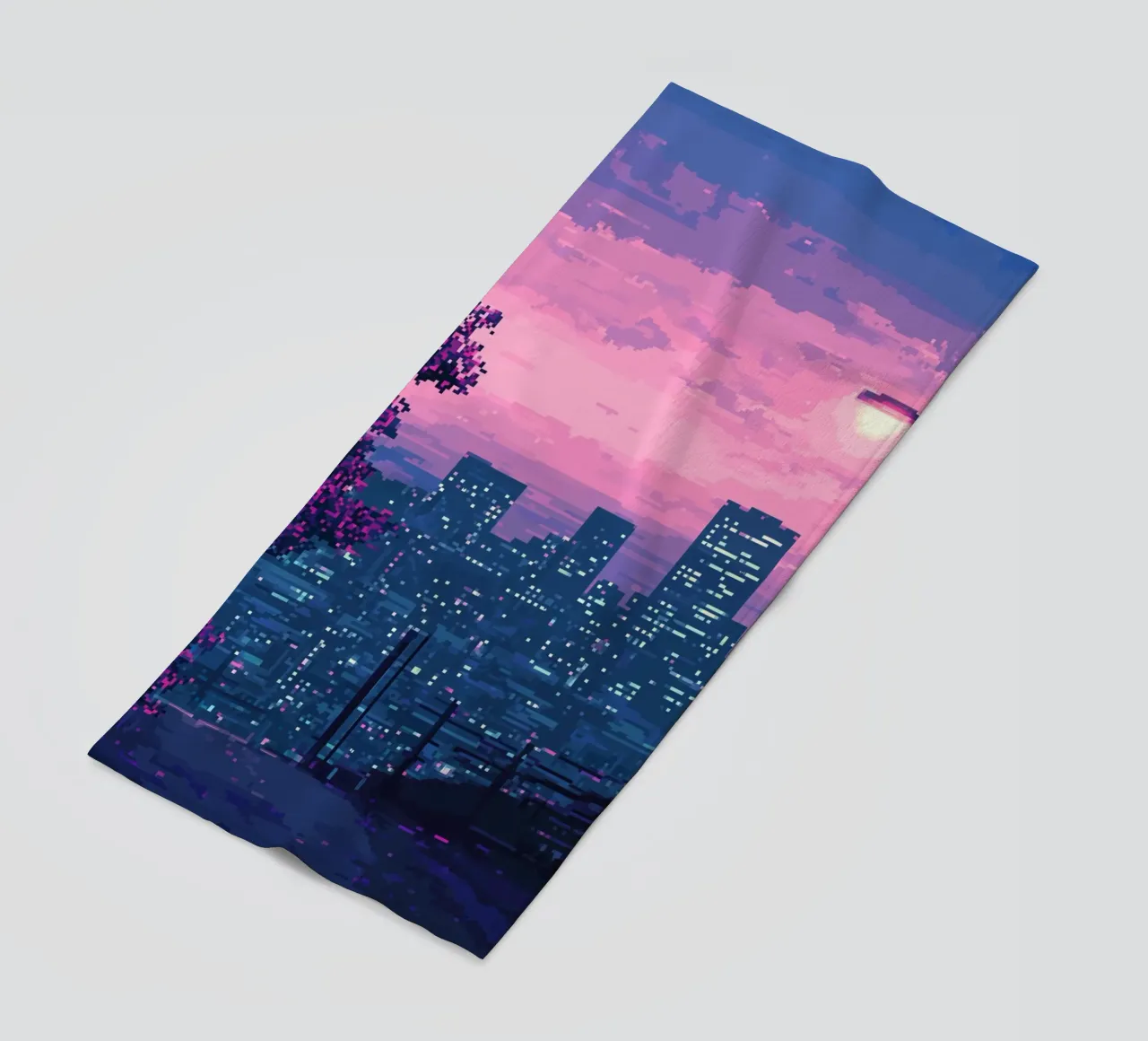 Pixelated Cityscape at Sunset with Streetlight beach towel by Dreamyart