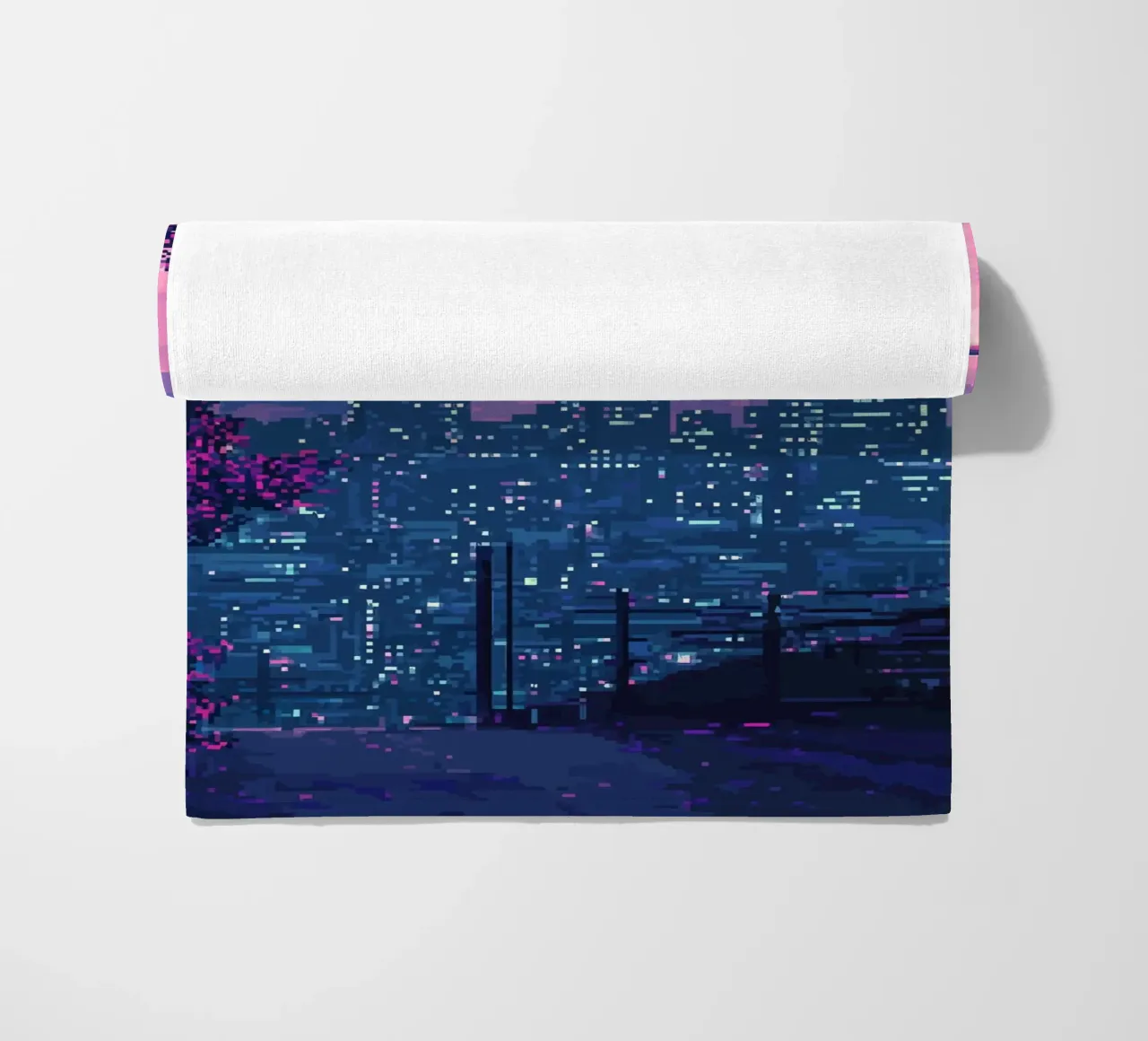 Pixelated Cityscape at Sunset with Streetlight beach towel by Dreamyart