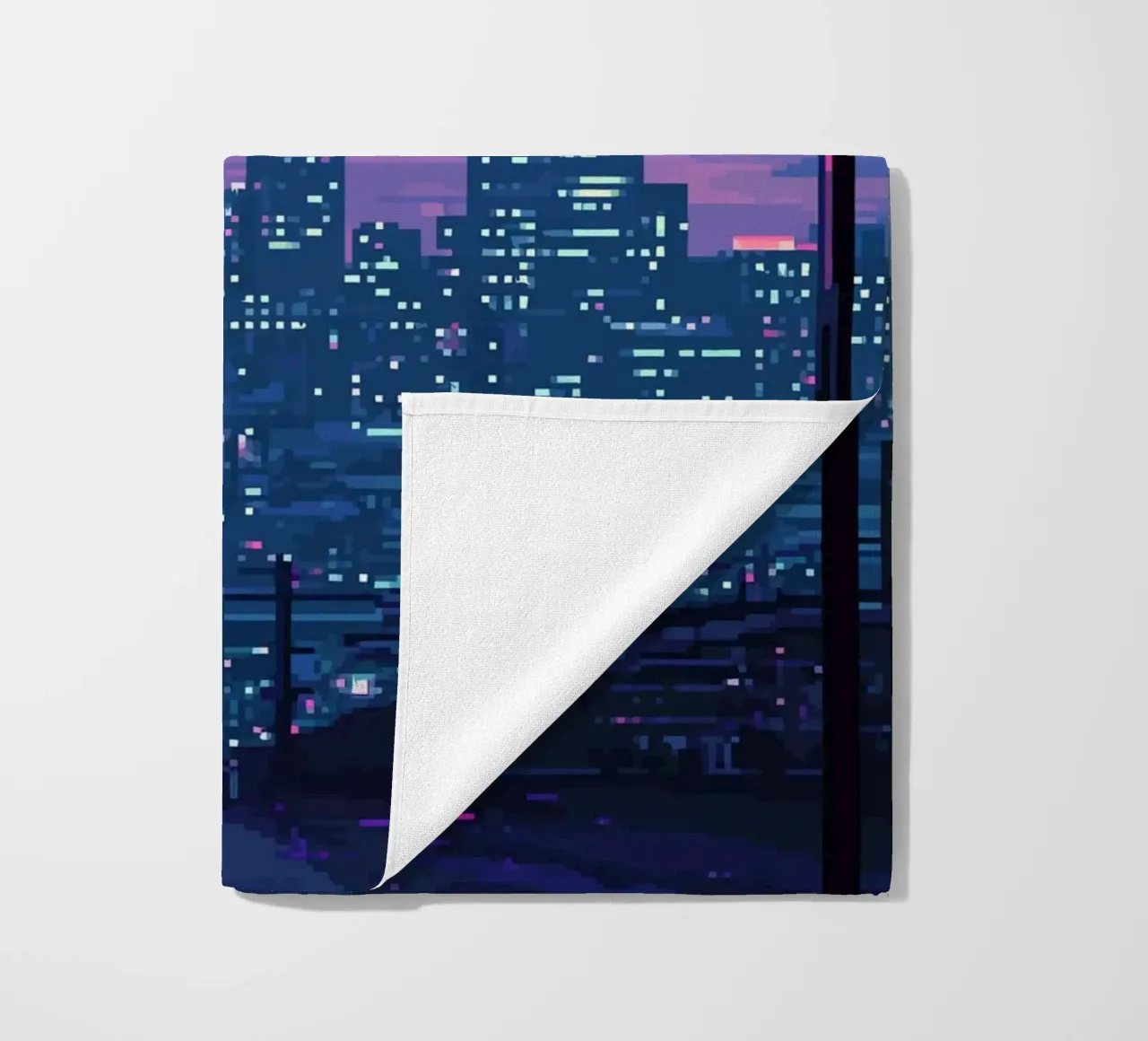 Pixelated Cityscape at Sunset with Streetlight beach towel by Dreamyart