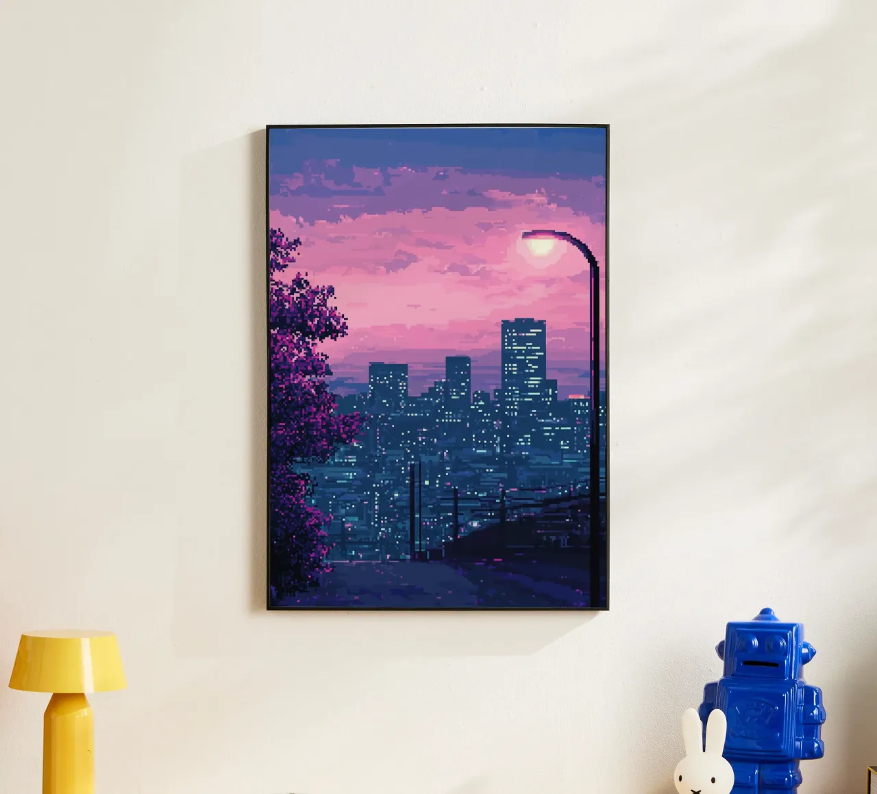 Paysage urbain pixelisé au coucher du soleil avec réverbère alu dibond de Dreamyart