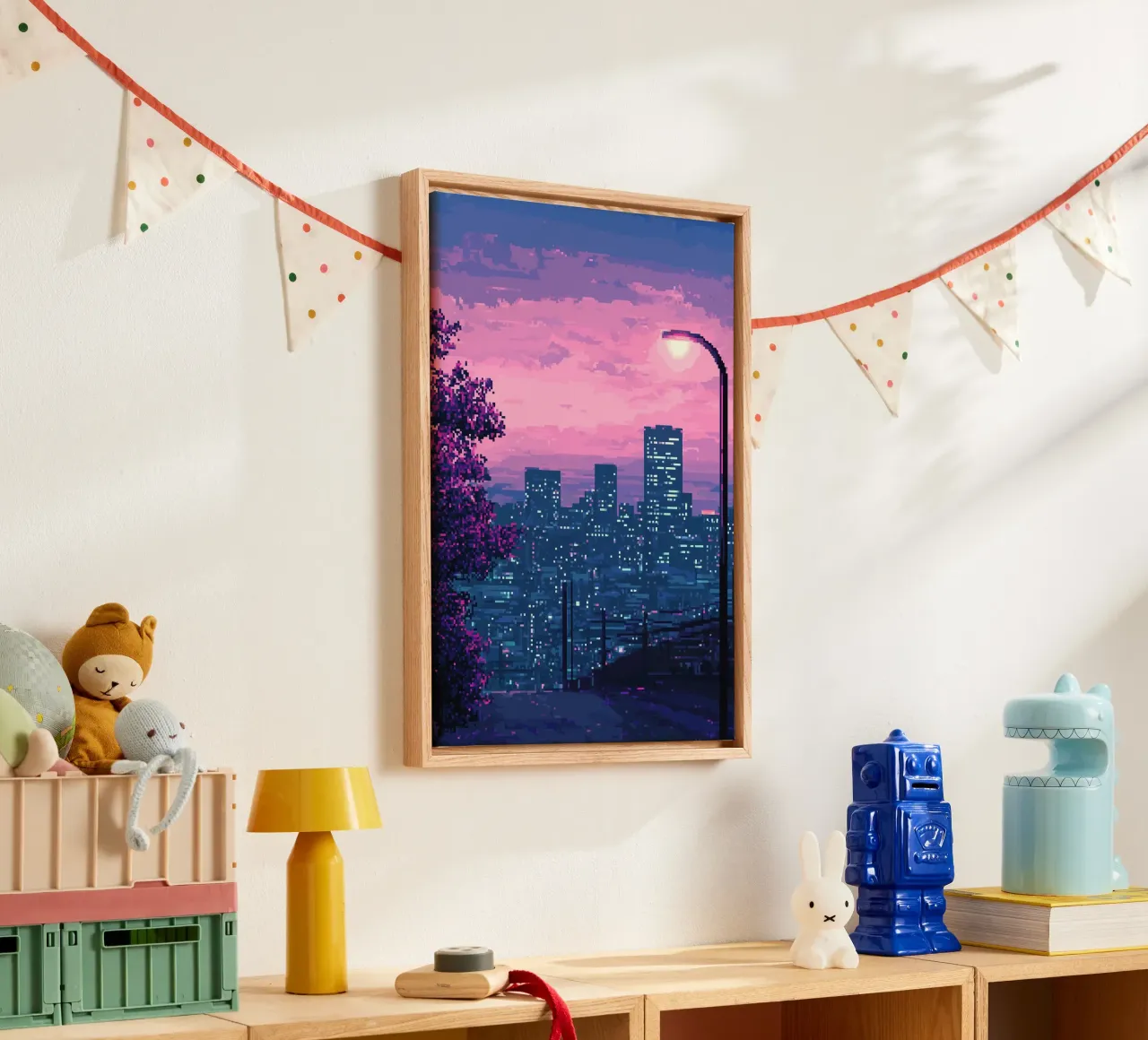 Paesaggio urbano pixelato al tramonto con illuminazione stradale tela con Cornice a cassetta da Dreamyart