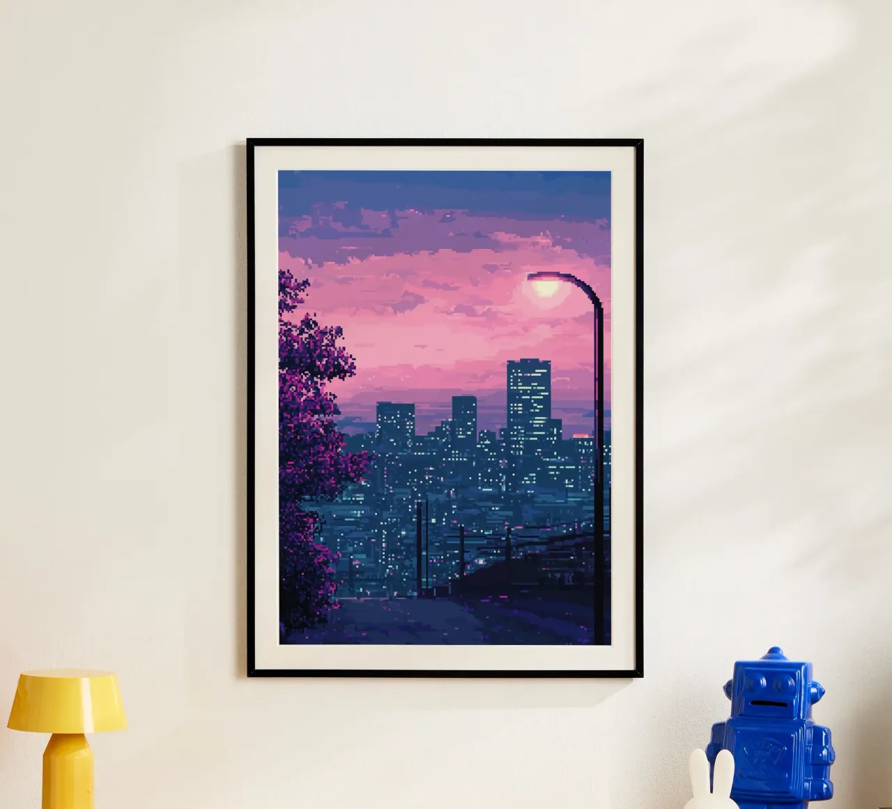 Paesaggio urbano pixelato al tramonto con illuminazione stradale poster con telaio in alluminio da Dreamyart