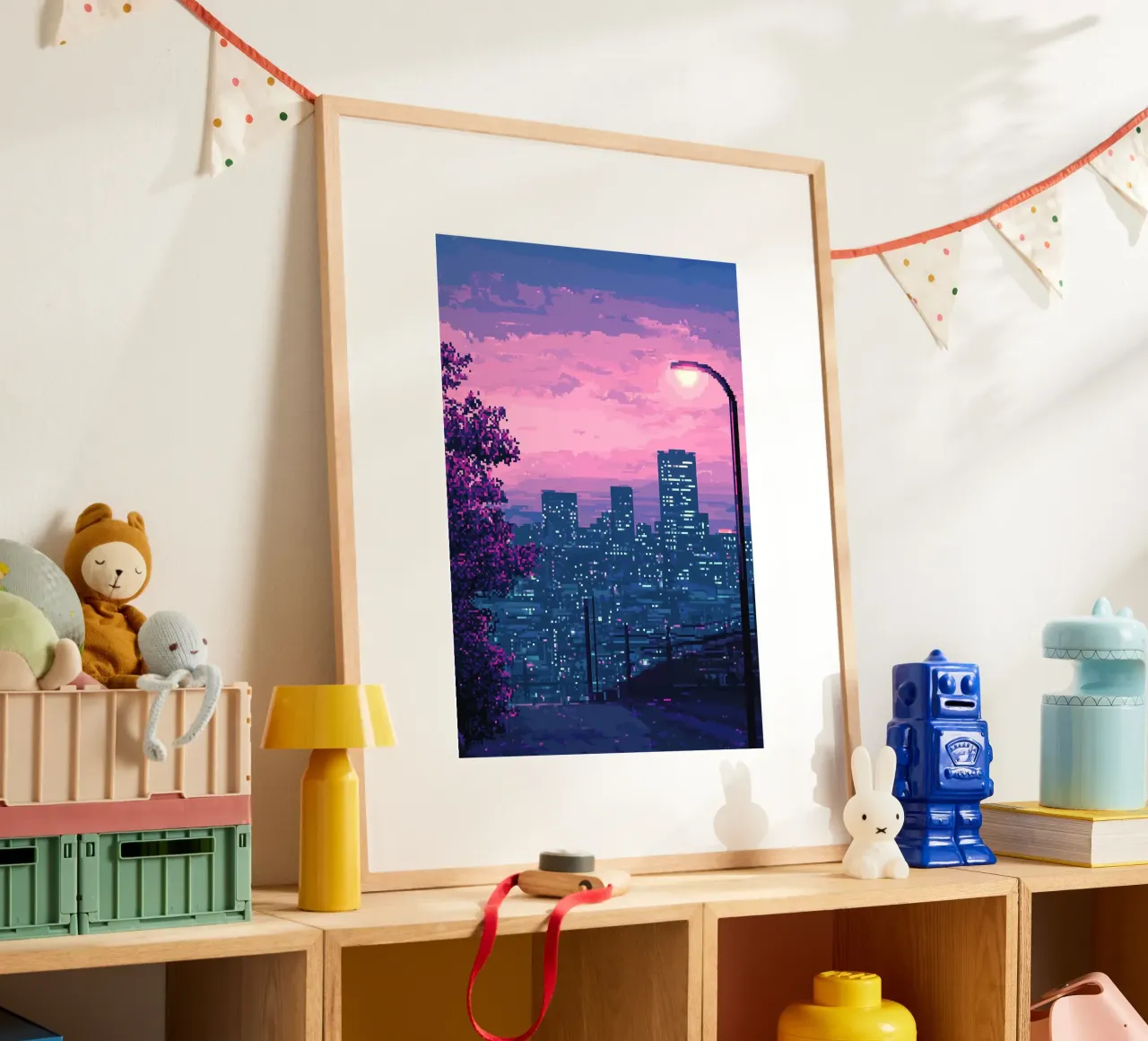 Paesaggio urbano pixelato al tramonto con illuminazione stradale poster con telaio in alluminio da Dreamyart