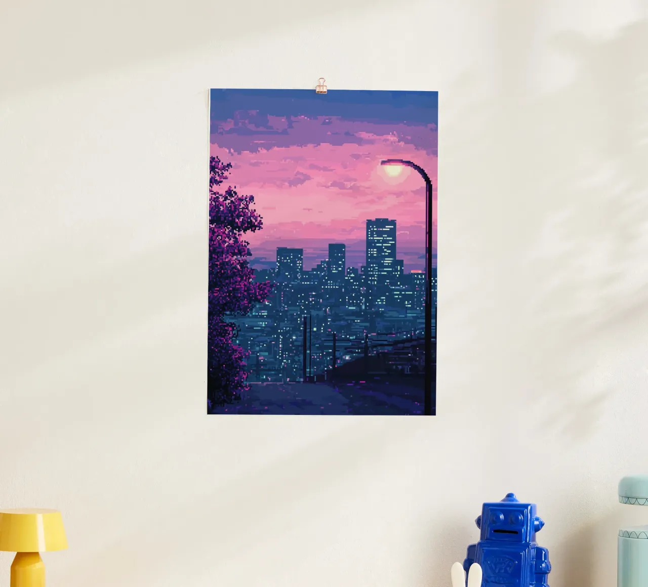 Paesaggio urbano pixelato al tramonto con illuminazione stradale poster con telaio in alluminio da Dreamyart