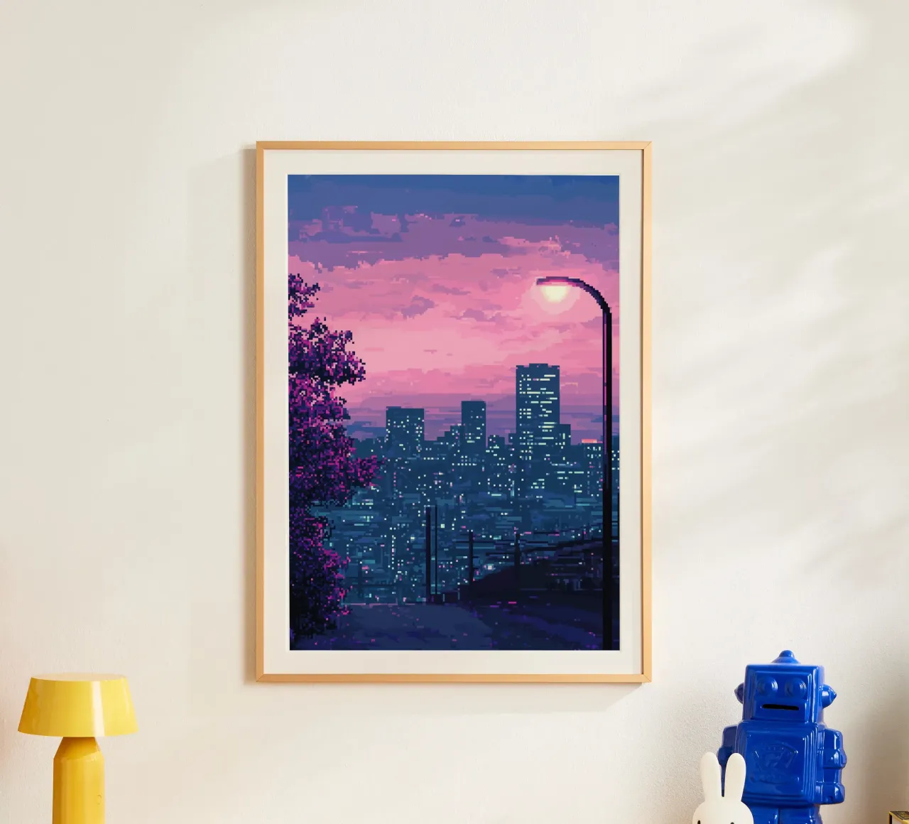 Paesaggio urbano pixelato al tramonto con illuminazione stradale poster con telaio in alluminio da Dreamyart