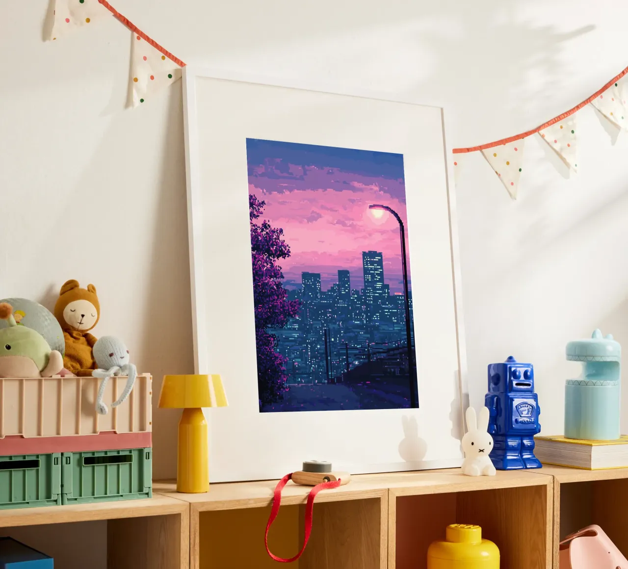 Paesaggio urbano pixelato al tramonto con illuminazione stradale poster con telaio in alluminio da Dreamyart