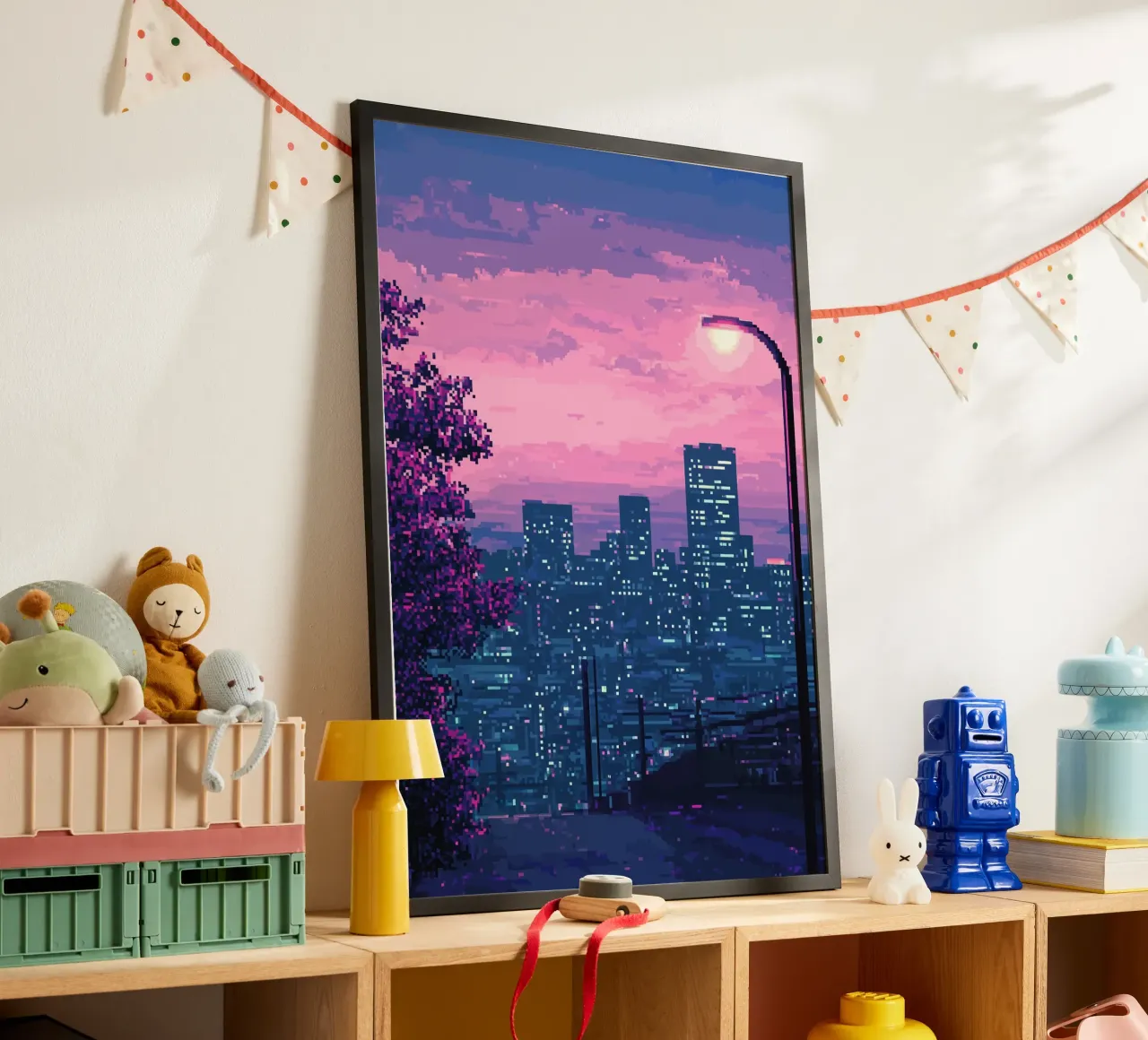 Paesaggio urbano pixelato al tramonto con illuminazione stradale poster con telaio in alluminio da Dreamyart