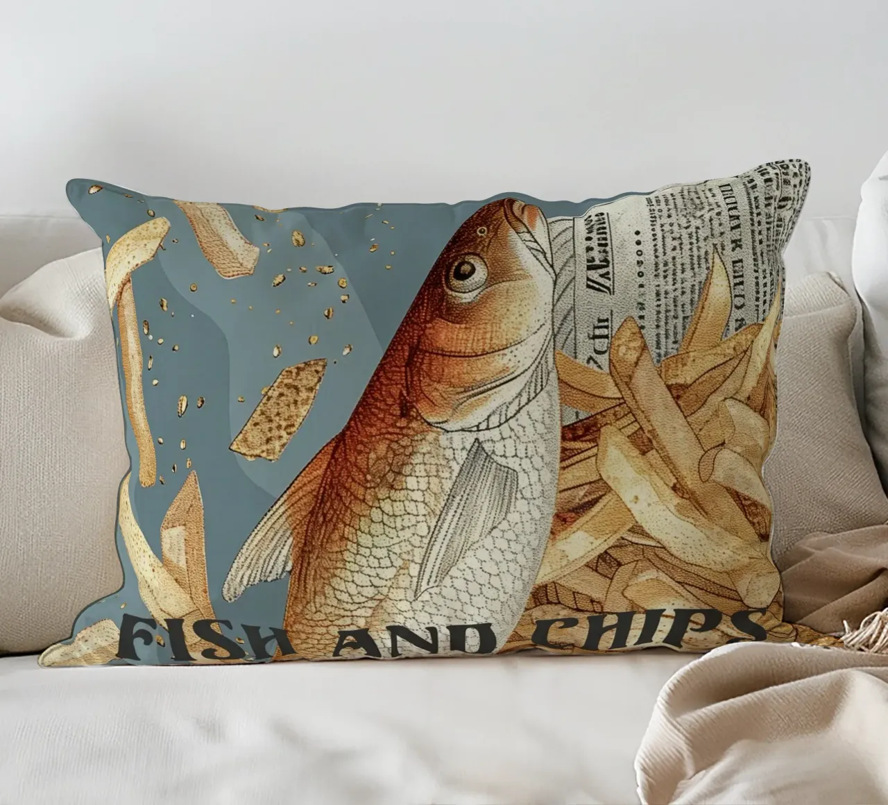 Fish & Chips retrò cuscino da Carinaprint