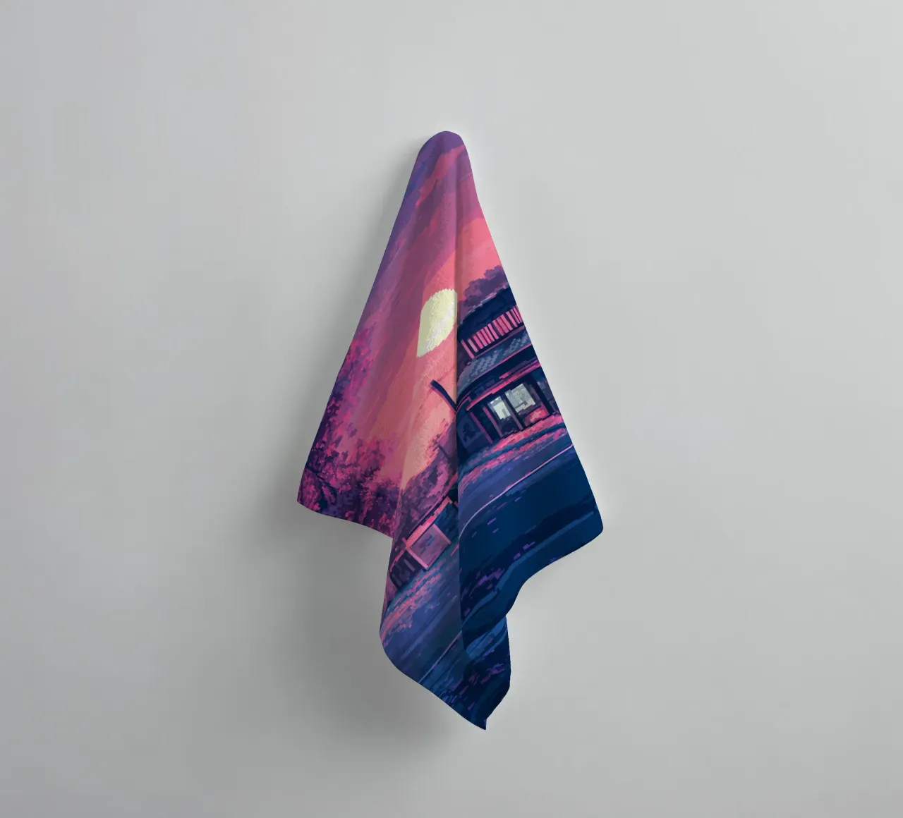 Pixelated Sunset Over Japanese towel by Dreamyart