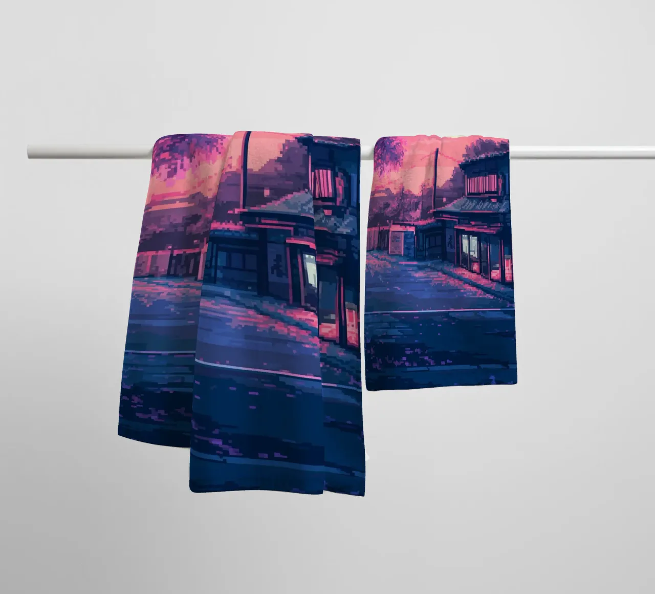 Pixelated Sunset Over Japanese towel by Dreamyart