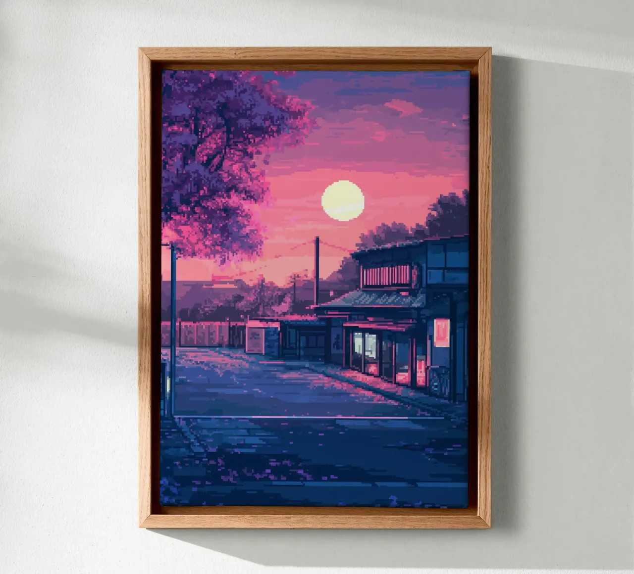 Gepixeleerde zonsondergang boven Japans canvas met Baklijst van Dreamyart