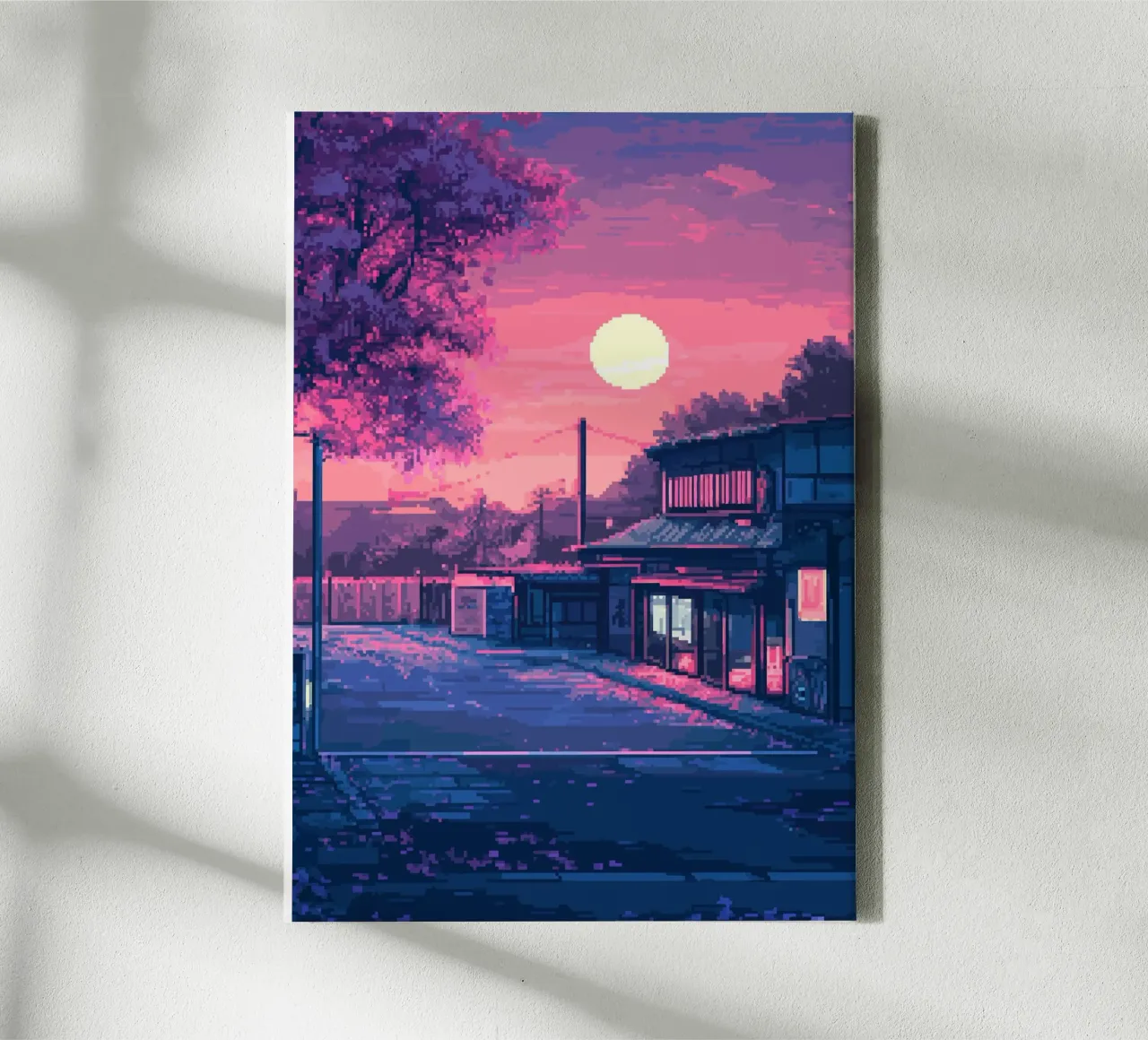 Gepixeleerde zonsondergang boven Japans canvas met Baklijst van Dreamyart