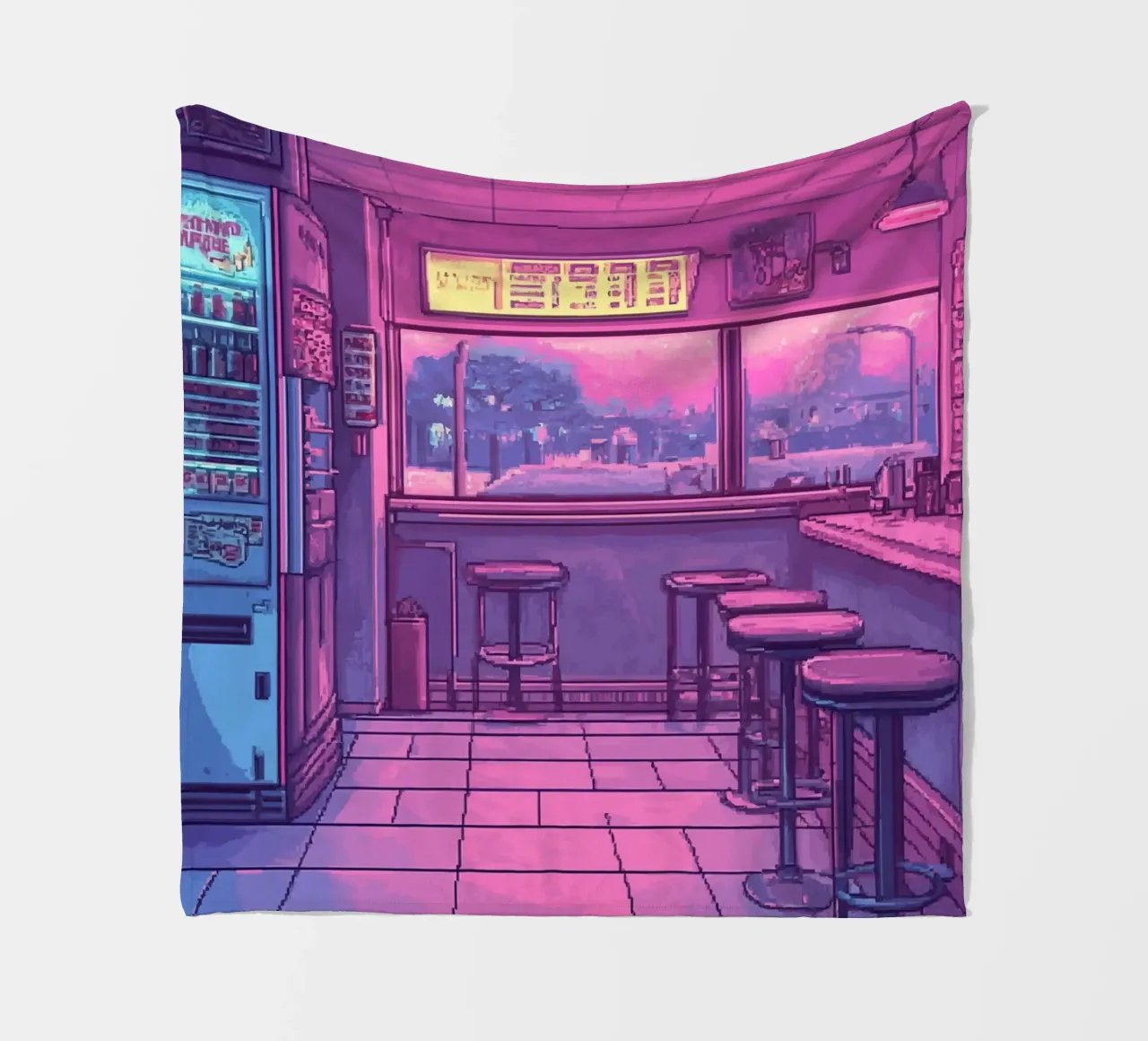 Interno di bar retrò con luci al neon e vista sulla città coperta in pile da Dreamyart