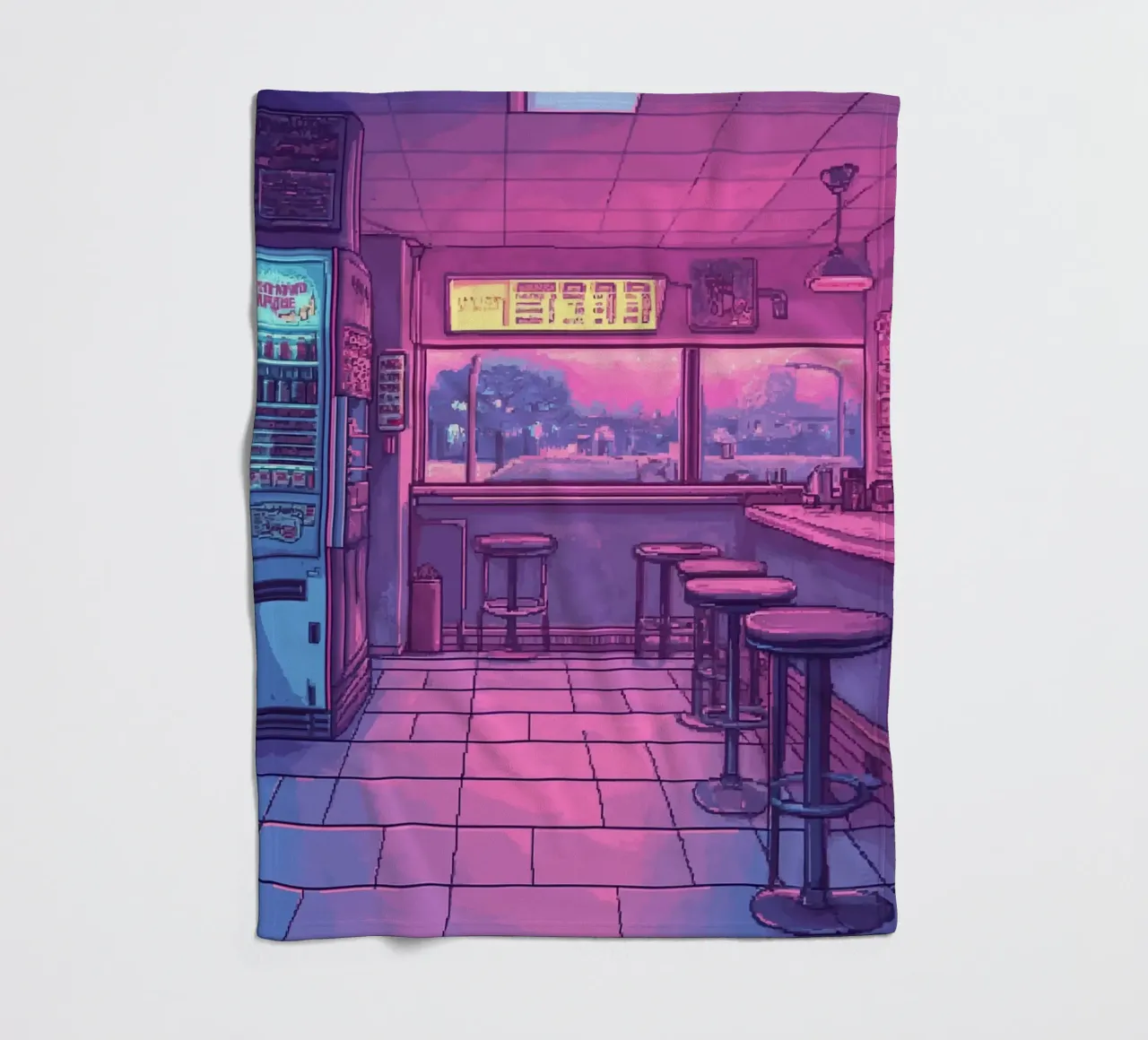 Interno di bar retrò con luci al neon e vista sulla città coperta in pile da Dreamyart