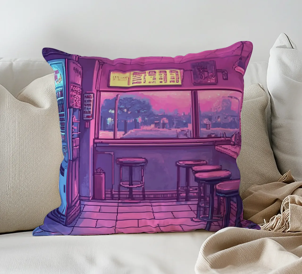 Interno di bar retrò con luci al neon e vista sulla città cuscino da Dreamyart