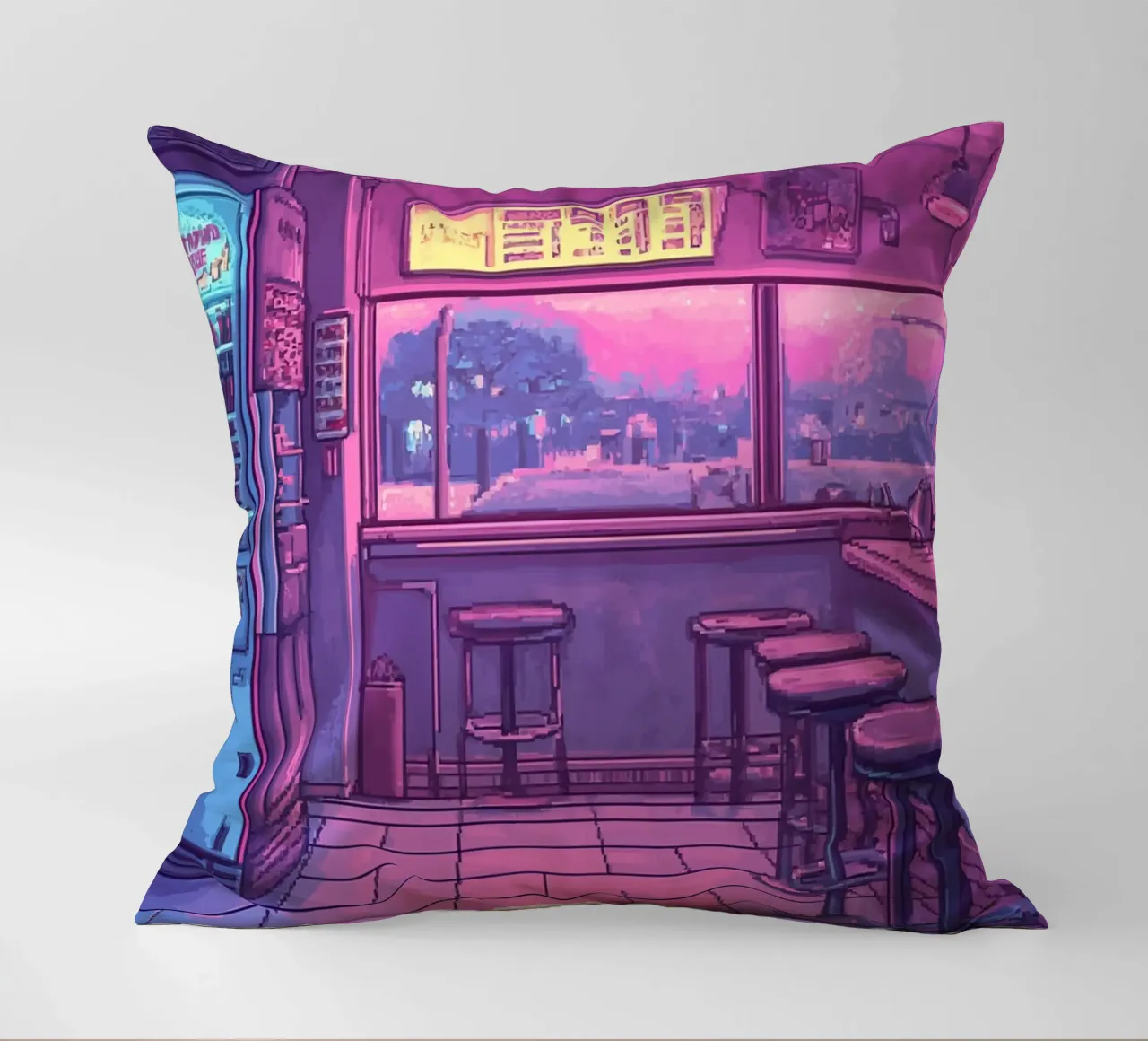 Interno di bar retrò con luci al neon e vista sulla città cuscino da Dreamyart
