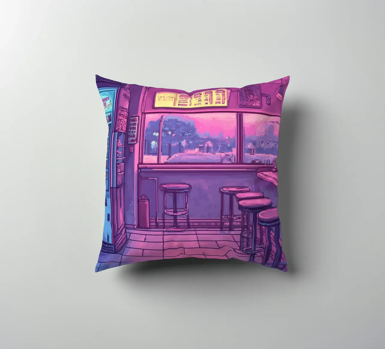 Interno di bar retrò con luci al neon e vista sulla città cuscino da Dreamyart