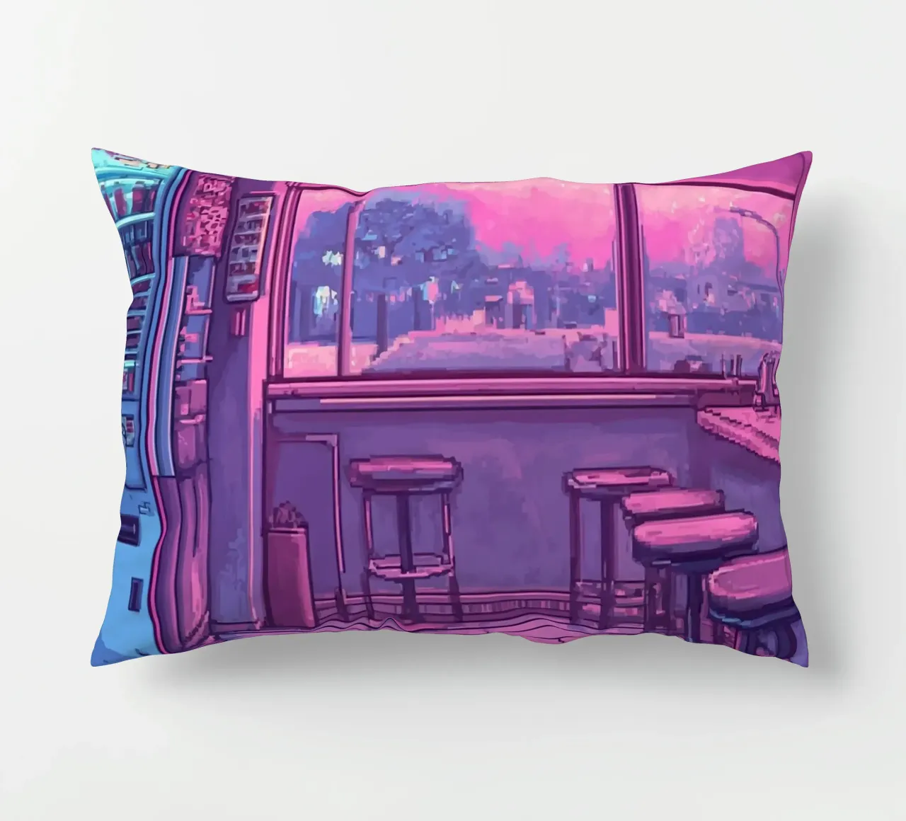 Interno di bar retrò con luci al neon e vista sulla città cuscino da Dreamyart