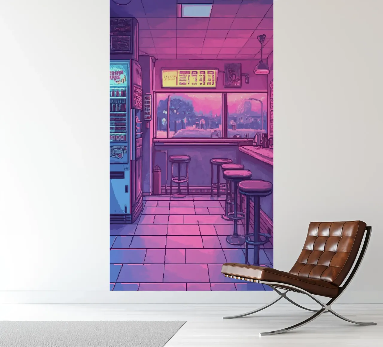 Intérieur d'un bar rétro avec néons et vue sur la ville papier peint photo de Dreamyart
