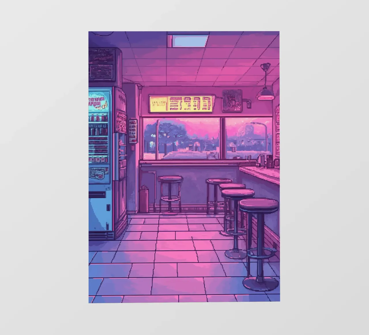 Intérieur d'un bar rétro avec néons et vue sur la ville papier peint photo de Dreamyart