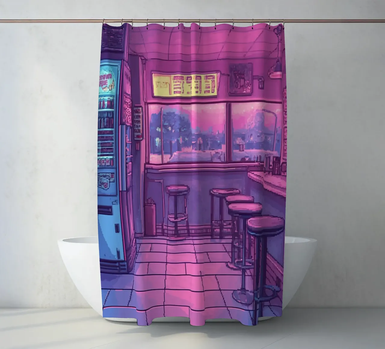 Retro Bar Interior with Neon Lights and City View shower curtain by Dreamyart