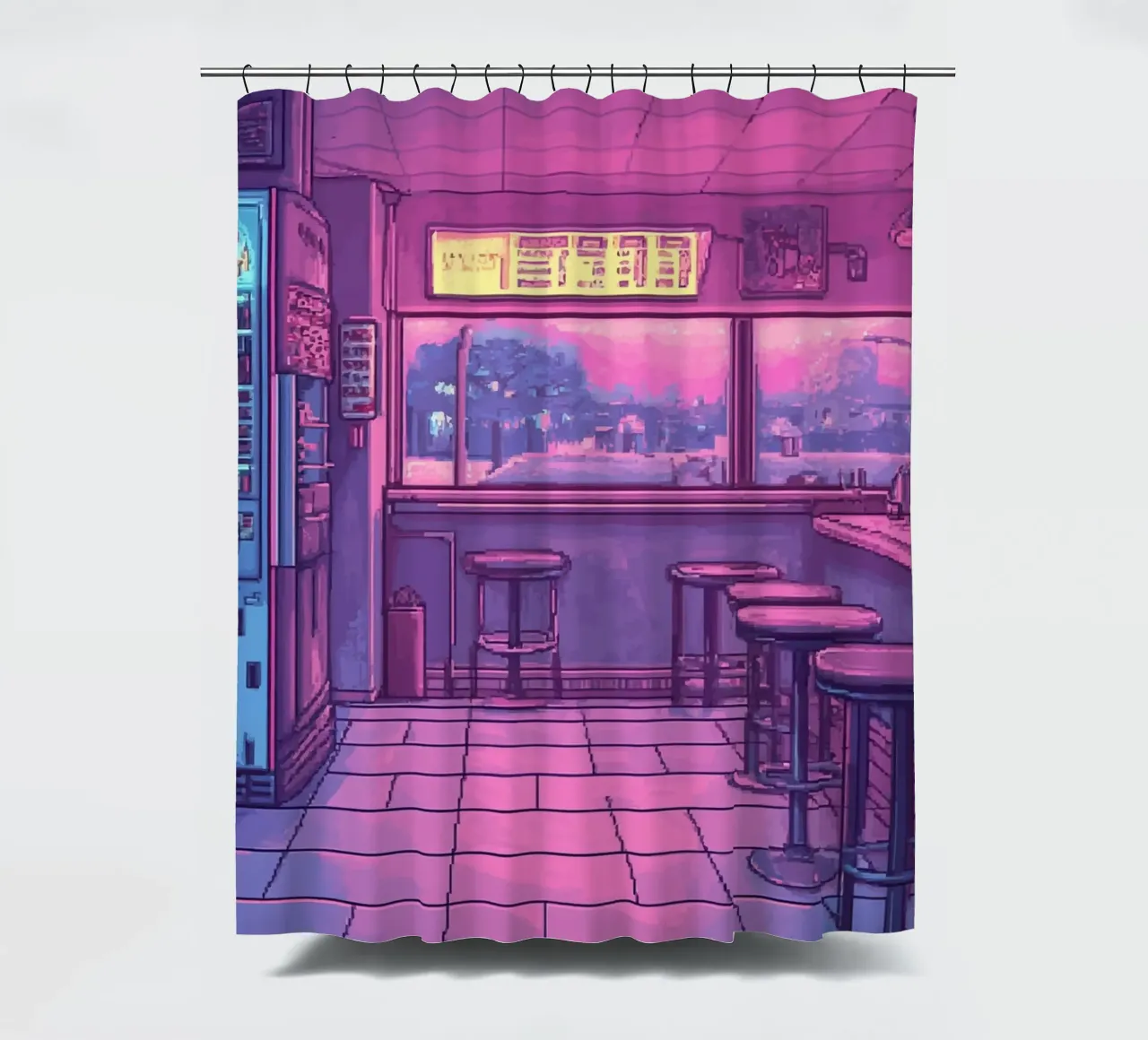Retro Bar Interior with Neon Lights and City View shower curtain by Dreamyart