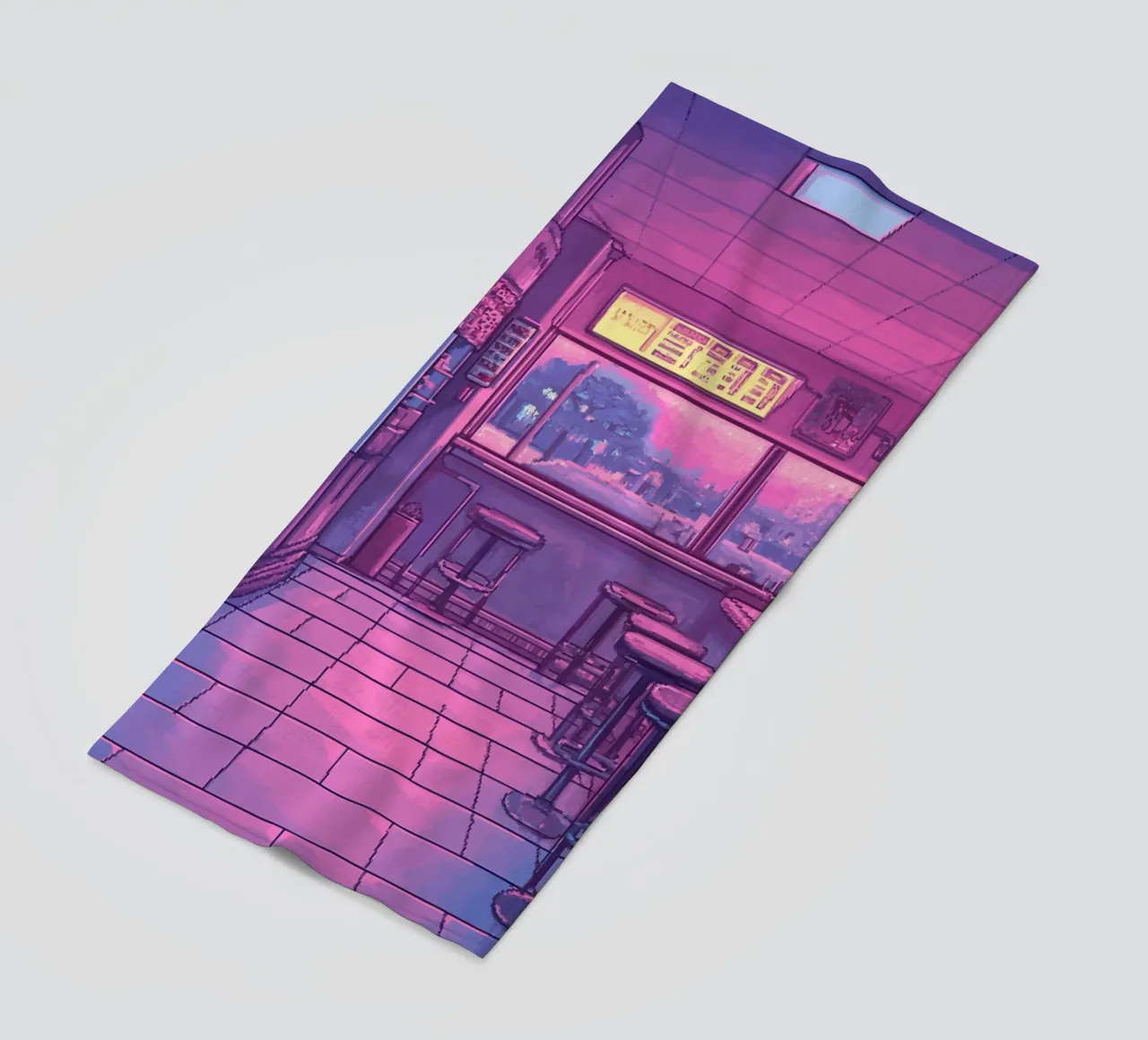 Interno di bar retrò con luci al neon e vista sulla città telo mare da Dreamyart
