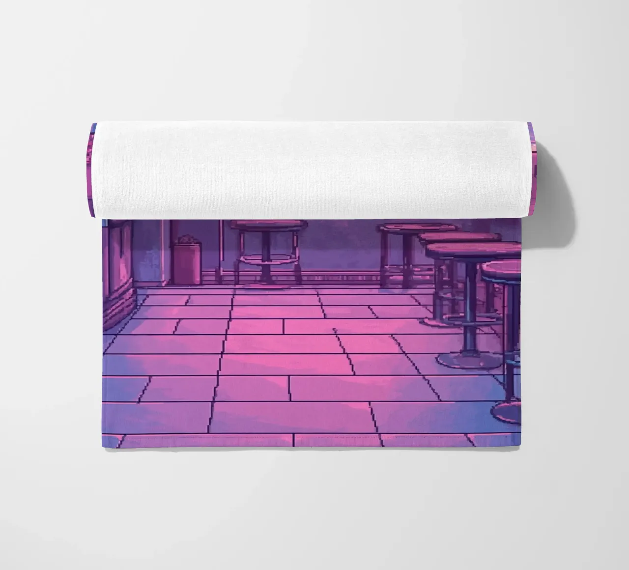 Interno di bar retrò con luci al neon e vista sulla città telo mare da Dreamyart