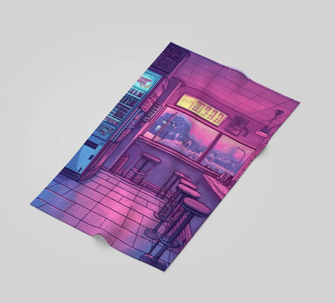 Interno di bar retrò con luci al neon e vista sulla città telo mare da Dreamyart