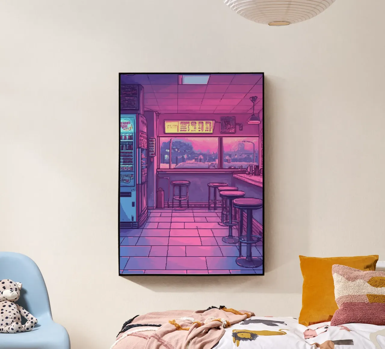 Interno di bar retrò con luci al neon e vista sulla città plexiglass da Dreamyart