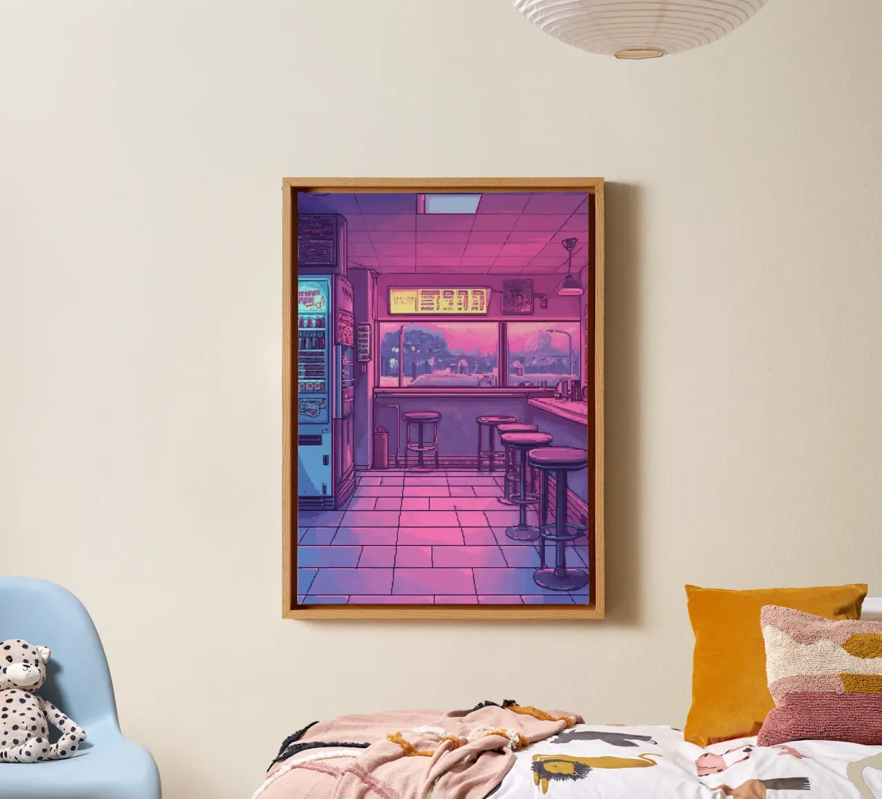 Retro Bar Interior with Neon Lights and City View canvas by Dreamyart