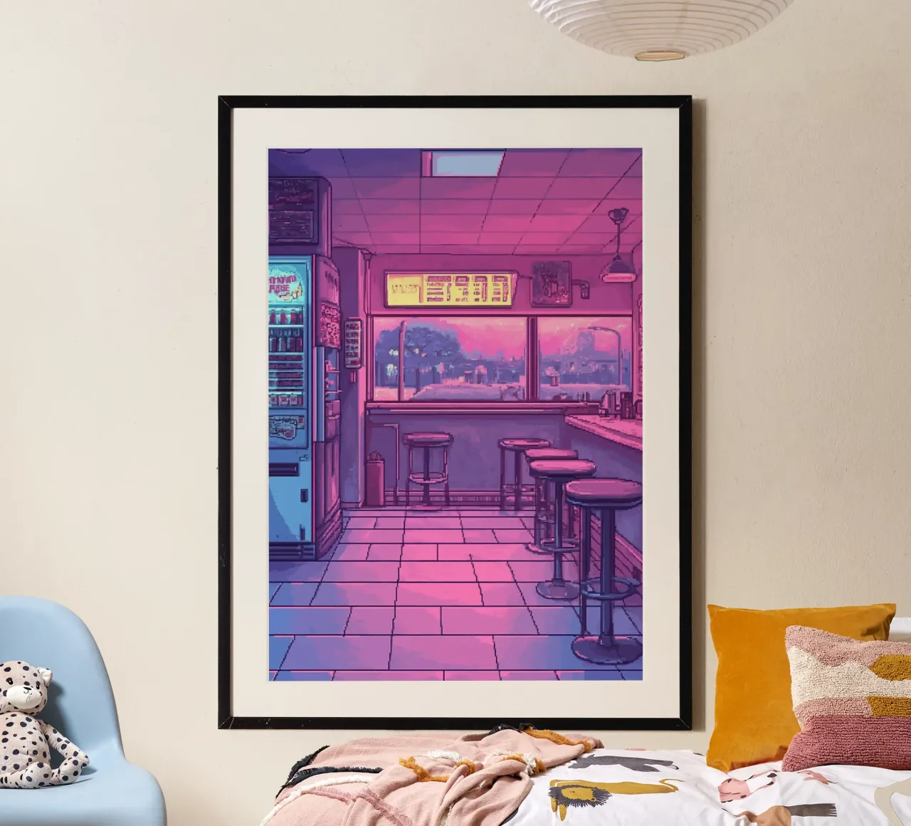 Interno di bar retrò con luci al neon e vista sulla città carta hahnemühle da Dreamyart