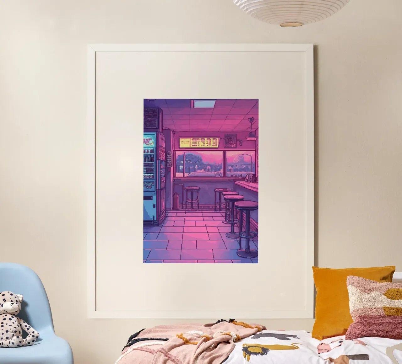 Interno di bar retrò con luci al neon e vista sulla città carta hahnemühle da Dreamyart